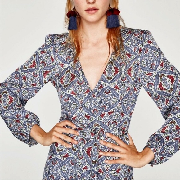 ZARA Silky Blue Paisley Authentic Wrap Longsleeve Midi Dress - Picture 2 of 15